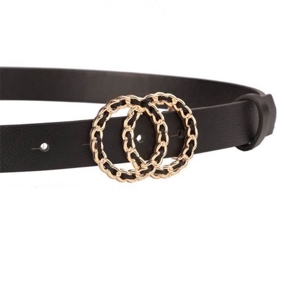 Black faux leather elegant double chunky chain link ring Gold buckle waist belt - Picture 8 of 12